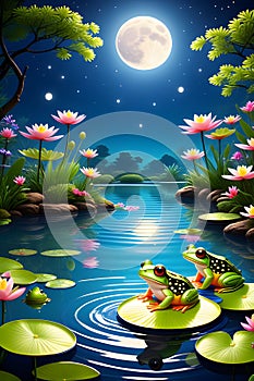 The frogs on the lily pad of a pond, with flower arounds, moonlight, night scene, reflection water, cartoon, disney  style