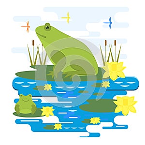 Frogs on the pond among the reeds and dragonflies. Illustration