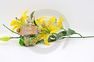 `Frohe Ostern` bunny and yellow flower  on white background
