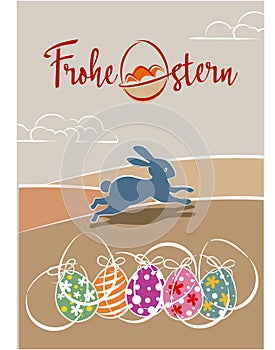 Frohe Ostern Karte mit bunten Eiern und laufendem Häschen auf Wiese - German Happy Easter card