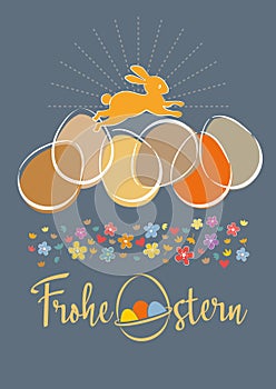 Frohe Ostern Karte mit Häschen, bunten Eiern und Blümchen - German Happy Easter card