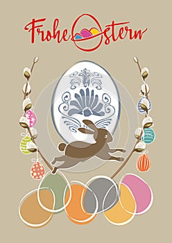 Frohe Ostern Karte mit Häschen und bunten Eiern - German Happy Easter card