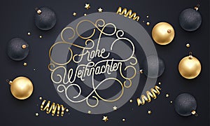 Frohe Weihnachten German Merry Christmas flourish golden calligraphy lettering of swash gold typography greeting card design. Vect photo