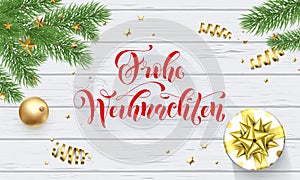 Frohe Weihnachten German Merry Christmas golden decoration and calligraphy font on white wooden background for greeting card. Vect