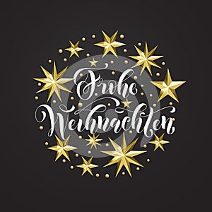 Frohe Weihnachten German Merry Christmas golden decoration, calligraphy font for Xmas invitation greeting card white background. V