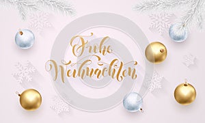 Frohe Weihnachten German Merry Christmas golden decoration, hand drawn calligraphy golden font on white festive background. Vector