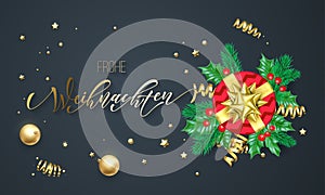 Frohe Weihnachten German Merry Christmas holiday golden calligraphy on gold decoration greeting card template. Vector Christmas tr