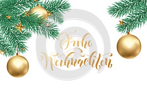 Frohe Weihnachten German Merry Christmas holiday golden hand drawn calligraphy for greeting card of gold star ornament decoration.