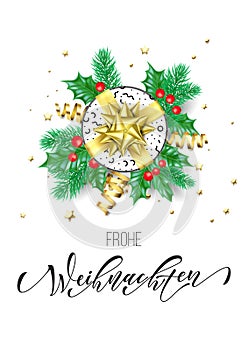 Frohe Weihnachten German Merry Christmas holiday hand drawn quote calligraphy greeting card background template. Vector Christmas