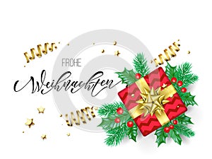 Frohe Weihnachten German Merry Christmas holiday hand drawn quote calligraphy greeting card background template. Vector Christmas