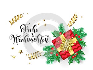 Frohe Weihnachten Merry Christmas German holiday hand drawn quote calligraphy greeting card background template. Vector Christmas