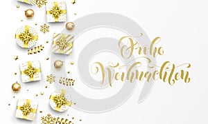 Frohe Weihnachten Merry Christmas golden German greeting card of gold gifts, stars confetti and snowflakes. Vector premium Weihnac