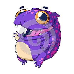 Frolic Fairytale Creature, isolated vector illustration. Funny monster. Smiley purple paunchy goblin photo