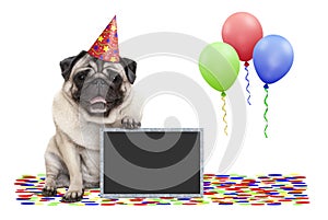 Frolic smiling birthday party pug dog, with blackboard, confetti and balloons decoration