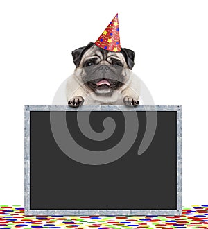 Frolic smiling birthday party pug dog with hat and confetti and paws on blackboard sign