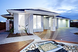 Fron view of a modern house with garage