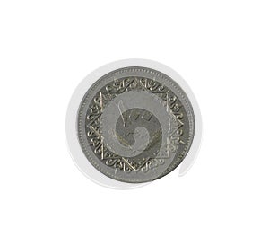 Front of 100 dirhams coin made by Libya, that shows Crossed wheat spikes below denomination within ornamental circular frame