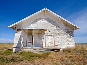 The front of an abandoned schoolhouse in southeastern Washington