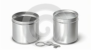 Front and angle view of a tin can with an open key, blank cylinder metal jar with pull ring on the lid, silver colored