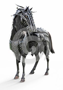 Front angled view of a posing black armored war horse on a isolated white background.