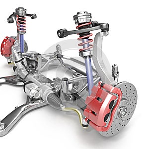 Front axle with suspension and absorber on white. 3D illustration