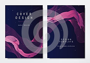 Front and back of book cover template design, abstract pink striped lines on blue, stars and space theme