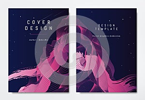 Front and back of book cover template design, abstract pink striped lines on blue, stars and space theme