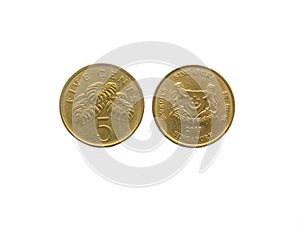 Front and back of 5 cents Singapore coin