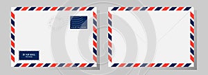 Front and back of classic envelope with stamp, postmark and airmail sign. Vector illustration.