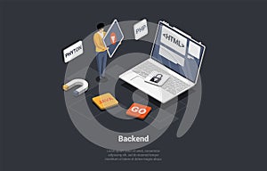 Front And Back End Of Development, Responsive Web Design, Website Interface, Coding and Programming. Man Develop New