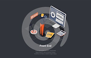 Front And Back End Of Development, Website Interface And Programming. Man Team Lead Control Process Of Developer Coding