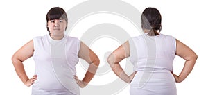 Front and back portrait of fat asian woman wear white t-shirt is
