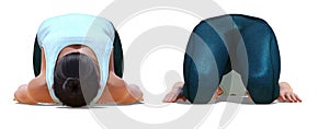 Front and Back Poses of a virtual Woman in Yoga Reclined Hero Pose
