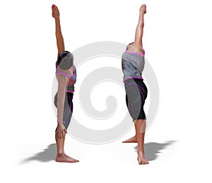 Front and Back Poses of a virtual Woman in Yoga Reverse Warrior Pose