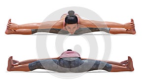 Front and Back Poses of a virtual Woman in Yoga Seated Wide-legged Forward Bend pose