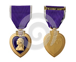 Front and Back of Purple Heart Miltary Merit Medal Against White Background