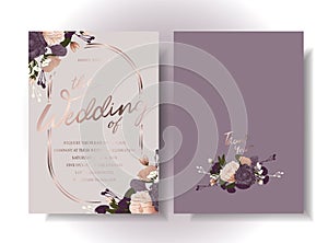 Front and back set of wedding cards in lavender-purple tones. Decorate the text box with rose gold ellipse and flowers in deep pur