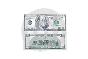 Front and back side of a 100 US dollar bill with a portrait of American President Benjamin Franklin on an isolated white backgroun