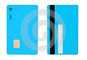 Front and back side of blue debit card isolated on white background