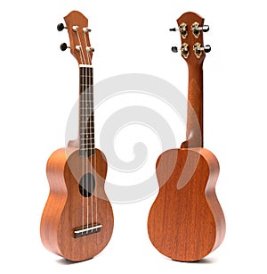 Front and back side ukuleles guitar isolated on white