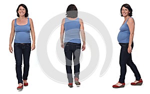 Front, back and side view of full portrait of a same pregnant woman walking and with casual clothes on white background