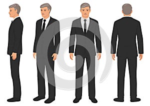 Front, back and side view, vector illustration, businessman in suit