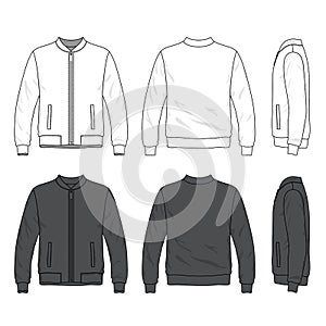 Front, back and side views of blank bomber jacket with zipper