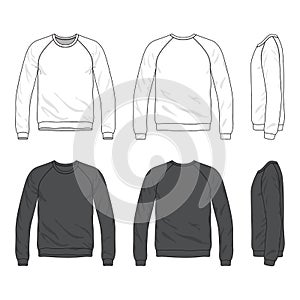 Front, back and side views of blank raglan long sleeve sweatshir