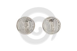 Front and back of Singapore coin 10 cent.