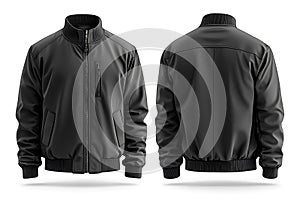 Front and Back View of Black Bomber Jacket with Zipper and Ribbed Cuffs on White