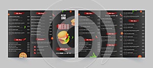 Front and Back View of Fast Food Menu Card for Restaurant.