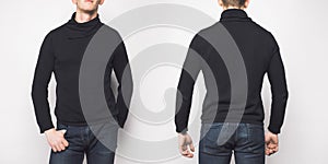 front and back view of man in black sweater