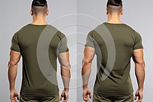 Front and back view of a man wearing a green tshirt, Male model wearing a dark olive color VNeck tshirt on a White background,