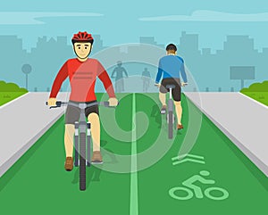 Front and back view of people cycling on bike path. Bicycle sign and bike rider.